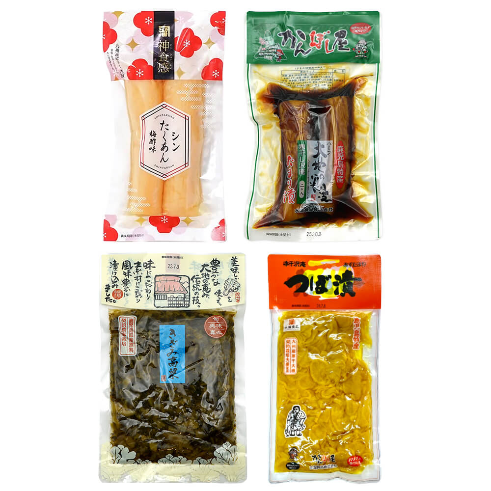 ■シンたくあん 梅酢味 岩塩を使用し、減塩でやさしい味わいに。 寒干し大根の本来の美味しさが引き立つ、さっぱりとした甘さの梅酢風味です。 フレッシュな味わいと、品質にこだわった寒干し大根のシャキシャキ食感をお楽しみください。 ■ハーフ大地の浪漫Wたまり 九州産寒干し大根を大型冷蔵庫で低温発酵。九州独自の甘めのたまり醤油にじっくり漬け込み、風味のある味に仕上げました。 ■鹿児島特産 つぼ漬 細かく刻んだ干し大根を醤油漬にした「つぼ漬け」。 九州産寒干大根を大型冷蔵庫で低温発酵しました。 凝縮された醤油の旨みや甘みがご飯によく合い、お箸が止まらない美味しさ！ ■きざみ高菜 鹿児島県産の契約農家で栽培された三池高菜を使用し、古たかな独特の風味を活かしました。 独自の漬込み製法と氷温熟成技術により、脱塩をせず風味を残した、高品質な仕上がりです。 ごはんに、油炒めに、チャーハンなどに最適。 【水溜食品】 1941年の創業以来、鹿児島県と宮崎県の農産物を使用し、伝統の技術と手作りの味にこだわって、寒干大根や高菜漬けなどのさまざま製品を作っています。 食の安全と安心、そして美味しさの追求のために確かな品質管理を徹底しています。 商品名水溜食品・シンたくあん 梅酢味・ハーフ大地の浪漫Wたまり・鹿児島特産 つぼ漬・きざみ高菜 内容量■シンたくあん：2ヶ入×2袋■ハーフ大地の浪漫Wたまり：2ヶ入×2袋■つぼ漬：250g×2袋■きざみ高菜：200g×2袋 原材料【シンたくあん 梅酢味】干し大根（九州産）、漬け原材料〔食塩、アミノ酸液、果糖ぶどう糖液糖、醸造酢、梅酢（醸造酢、梅エキス、食塩）、米ぬか〕／調味料（アミノ酸等）、甘味料（ステビア、甘草）、酸味料、香料、酸化防止剤（V.C）【ハーフ大地の浪漫Wたまり】干しだいこん（九州産）、漬け原材料〔食塩、糖類（果糖ぶどう糖液糖、砂糖）、醤油、アミノ酸液、醸造酢〕／調味料（アミノ酸等）、酸味料、甘味料（ステビア、甘草、サッカリンNa）、着色料（カラメル、黄4）、香料、（一部に小麦・大豆を含む）【つぼ漬】干しだいこん（九州産）、漬け原材料〔糖類(果糖ぶどう糖液糖、砂糖)、食塩、醤油、アミノ酸液、発酵調味液、醸造酢、煮干しエキス、唐辛子〕／酸味料、調味料(アミノ酸等)、酒精、グリシン、保存料(ソルビン酸K)、甘味料(サッカリンNa、ステビア、甘草)、メタリン酸Na、黄色4号、増粘多糖類、香料、（一部に小麦・大豆を含む）【きざみ高菜】たかな（鹿児島県産）、漬け原材料〔醤油、食塩、果糖ぶどう糖液糖、アミノ酸液、醸造酢、唐辛子］／酒精、酸味料、調味料(アミノ酸等)、甘味料(甘草)、香料、着色料（ウコン）、(一部に小麦、大豆を含む) 保存方法直射日光、高温多湿を避けて保存してください。 備考■この商品は沖縄県・離島へはお届けできません。該当のご注文はキャンセル処理を行います。■箱に直接、配送伝票を貼った形でのお届けとなります。熨斗・ギフト包装などはできません。