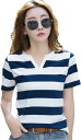 夏服 ボーダーtシャツ スキッパーシャツ カットソー vネック コットン ゴルフt tシャツ 半袖 スプライス 棉 ショート丈 シンプル
