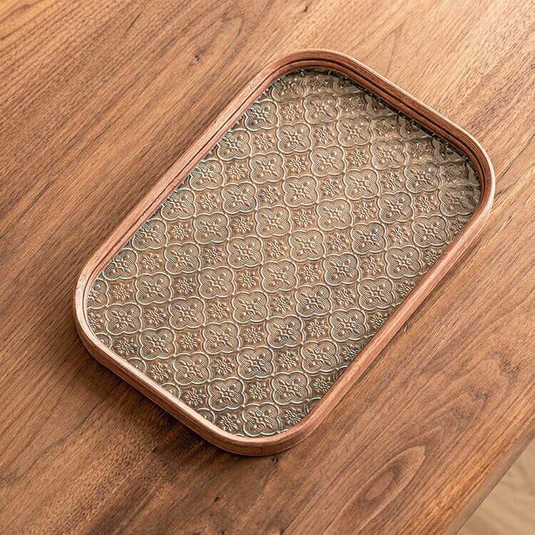 楽天除菌消臭ショップ　セーブラボ楽天1位!高評価&リピーター多数 フローラガラス トレー トレイ ガラス 盛器 丸長角皿 30cm 35cm 透明 お皿 ガラス プレート 木 カフェトレー ガラス ティートレー カフェプレート おしゃれ ガラス皿 花海棠柄 木枠オリエンタル盆トレー シノワズリレトロ IwaiLoft