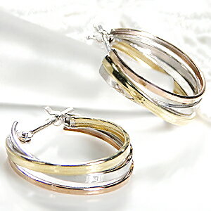 K18YG/PG/ K14WG トリプルカラー フープピアス！18金 ピアス 14金 18k フープ ゴールドピアス イエローゴールド ピンクゴールド ホワイトゴールド 3連 ピアス 3色 トリプル 送料無料 品質保証書 代引手数料無料