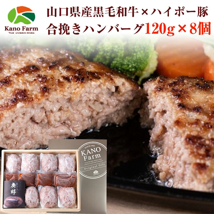 山口県産 黒毛和牛 と鹿野ファームの豚肉の 合挽きハンバーグ 120g×8個 鹿野ファーム 四元豚 ハイポ—豚 のし対応可
