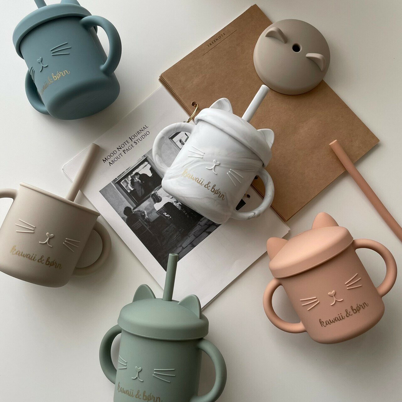 カワイイアンドボーン シリコンストローマグ こぼれない BPA free ストロー マグ コップ ねこマグ シリコン 食器 離乳食 ベビー用品 子供 幼児 ベビ...