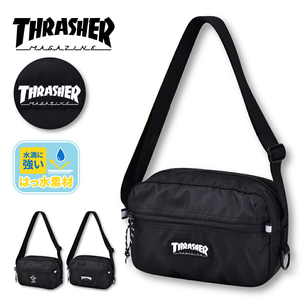 ITEM INFO ブランドキャラクター THRASHER(スラッシャー) 商品名 THRASHER / スラッシャー ミニショルダーバッグ 横 (型番)THR-292 サイズ ・(縦)約14cm/(幅)約21cm/(マチ)約8cm ・ショルダー：約60cm〜114cm ・重量：約130g 仕様 ・素材：撥水ポリエステル ・A4サイズ収納：不可 ・ショルダー長さ調節：可能 ・リフレクター付き ポケット ・外ポケット：ファスナー1個 ・サイドポケット：なし ・背面ポケット：なし ・その他ポケット：フリー1個 ・ノートPC / iPad / タブレット収納：不可 カラー展開 ブラック/ホワイト(BKWH/9001) / ブラック(BKSD/9056) 配送方法 メール便 宅配便 ご注意 ＜ご購入頂く前にかならずご確認下さいませ。＞ ○在庫管理システムにて複数店舗の在庫を共有しております。 ご注文のタイミングによって在庫の確保が出来ない場合がございます。 ○商品画像に関しましてはできる限り実物の色に近づけるように加工しておりますが、 お使いのモニターやお部屋の環境により実際の商品と色味が異なる場合がございます。 ○サイズの計測に関しましてはスタッフ間で統一、徹底はしておりますが、 若干の差異が生じる場合がございます。 ○生地のカッティングにより商品画像と多少異なる場合がございます。 ○商品画像はサンプルとなりますので仕様に変更がある場合がございます。 ○素材の性質上、染料の匂いが強いものがございます。 数日のご使用や陰干しなどで気になる匂いはほとんど感じられなくなりますのでお試しくださいませ。 ○メール便配送不可の商品をメール便希望でご注文をいただきました場合は、 当店で宅配便にご変更をさせていただき配送をさせていただきます。 ○皆様により良い商品をより安くご提供させて頂けますよう、 ご注文完了後のご交換・キャンセル・及び不良品以外のご返品・ご交換はお受け致しておりません。 ご注文を頂く際は必ずサイズ・カラー・素材等よくご確認の上、 ご注文くださいますようお願い申し上げます。 シーン スラッシャーキッズショルダーバッグは、小学生から大人まで幅広い年齢層にフィットするデザイン性と機能性を兼ね備えたアイテムです。撥水素材で、急な雨にも対応し、大切な物を守ります。コンパクトながら必要なものがしっかり収まるサイズ感で、通学やお出かけに最適。シンプルながらも存在感のあるロゴが、おしゃれ心をくすぐります。 男女兼用で使えるため、兄弟姉妹での共有も可能で、家族でのお出かけ時にも活躍します。また、スクエア型のフォルムは、スタイリッシュで現代的な印象を与え、どんな服装にもマッチするため、学生から大人まで幅広く愛用いただけます。旅行時のサブバッグとしても便利で、必要な物を手早く取り出せる設計が魅力です。 このバッグは、日常の様々なシーンで活躍すること間違いなし。スラッシャーのブランド力と実用性を兼ね備え、どんな場面でもあなたの個性を引き立てます。