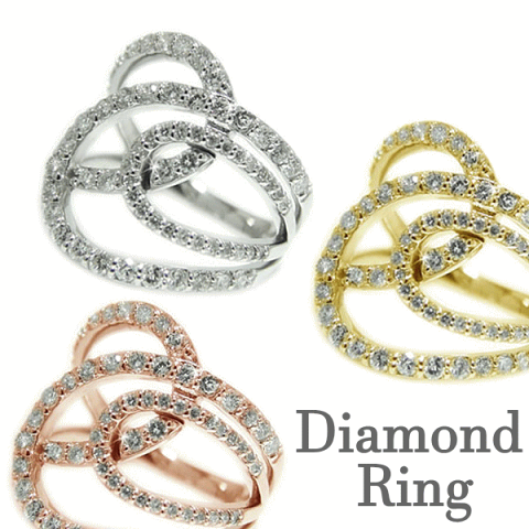 K18ホワイト/ピンク/イエローゴールド リング ダイヤ 人差し指 中指 大振り ボリューム 指輪 天然石