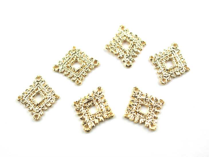 メタルレースパーツ【ひし形(約20x23mm)ゴールド 6個】コネクター つなぎパーツ 透かし つなぐ カン付 チャーム ハンドメイド パーツ