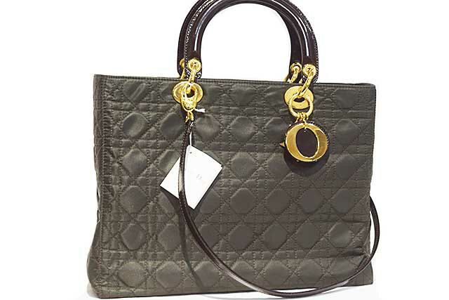Dior　ディオール　レディディオール　カナージュ　ショルダー付きトートバッグ　オリーブグリーン×ブラン　ナイロン×パテントカーフ　G金具　ゴールド金具　本物　未使用　展示品　トートバッグ　間違いなく本物