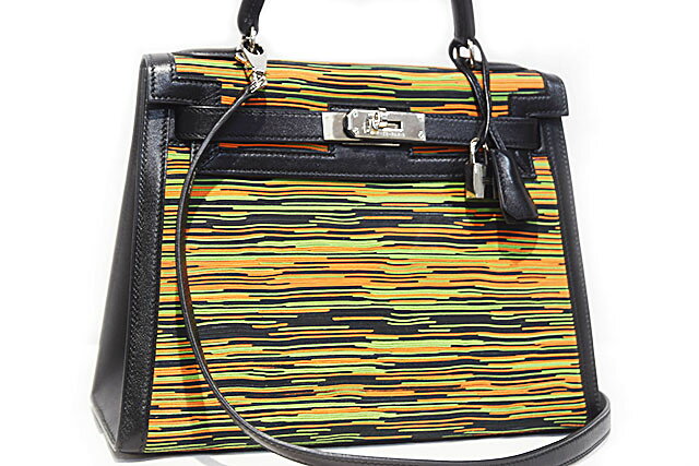 エルメス　HERMES　ケリー28　外縫い　黒×オレンジ×グリーン　ヴィブラート×ヴォーガリバー　コンビネーション　S金具　シルバー金具　□C刻印　1999年製造　本物　未使用 保管品 展示品　28cm　2色　ハンドバッグ　ショルダーバッグ　ケリーバッグ　ビブラート　ブラック