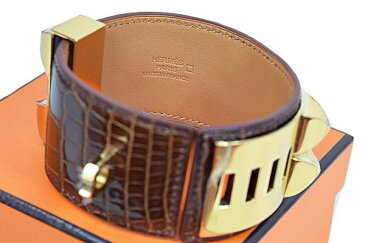 【HERMES】　　エルメス　　　ブレスレット 　　バングル 　　コリエドシアン 　　クロコダイルアリゲ　ーター 　ミール　　ミエル　　ブラウン　　□R刻印　ゴールド金具　　G金具　　　 ♯S　本物　 未使用　　Collier de Chien　Alligator Crocodile　Miel