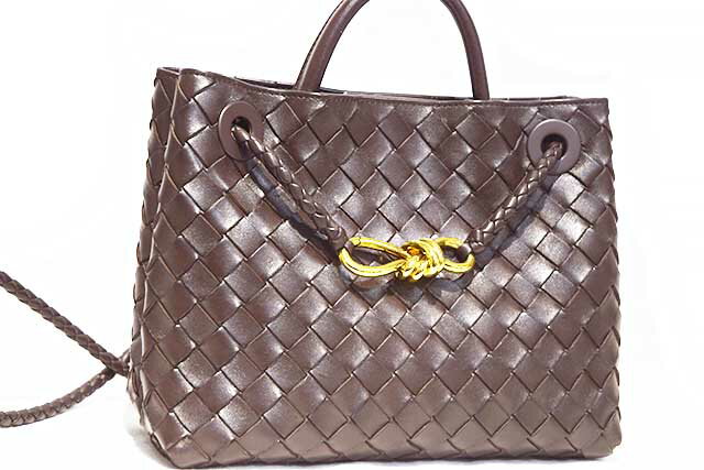 Rakuten - ボッテガヴェネタ　BOTTEGA VENETA　スモールアンディアーモ　ハンドバッグ　ショルダーバッグ　ダークブラウン　こげ茶　イントレチャート　レザー　G金具　ゴールド金具　2WAYバッグ　本物　新品同様　参考価格約80万円