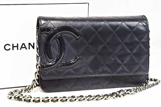 シャネル CHANEL カンボンライン チェーンショルダーウォレット 長財布 ブラック 黒×黒 カーフレザー×パテント S金具 シルバー金具 内側ピンク ココマーク CCマーク 本物 ランクA ショルダーポーチ ショルダー財布