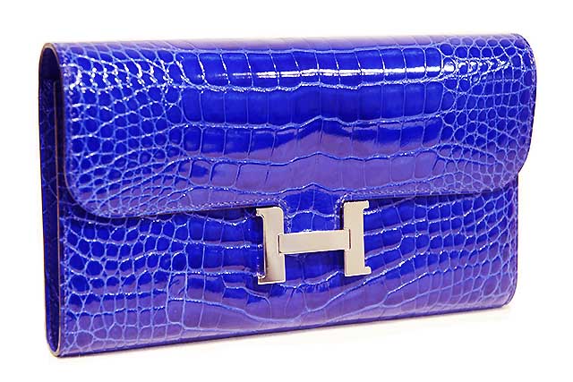 エルメス　HERMES　コンスタンスロング ウォレット　ブルーエレクトリック　クロコダイル アリゲーター　S金具　シルバー金具　□Q刻印　2013年製造　長財布　本物　ランクA　クロコ　Blue electric　青　ブルー