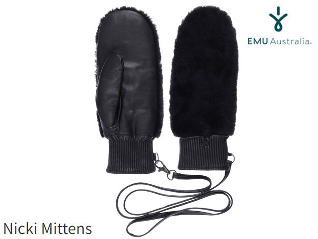 エミュ 手袋 国内正規品 emu australia グローブ Nicki Mittens BLACK ブラック 黒 ニッキー ミトン エミューオーストラリア 手袋 天然素材 シープスキン ストリング（紐）付 レディース 吸湿 放湿