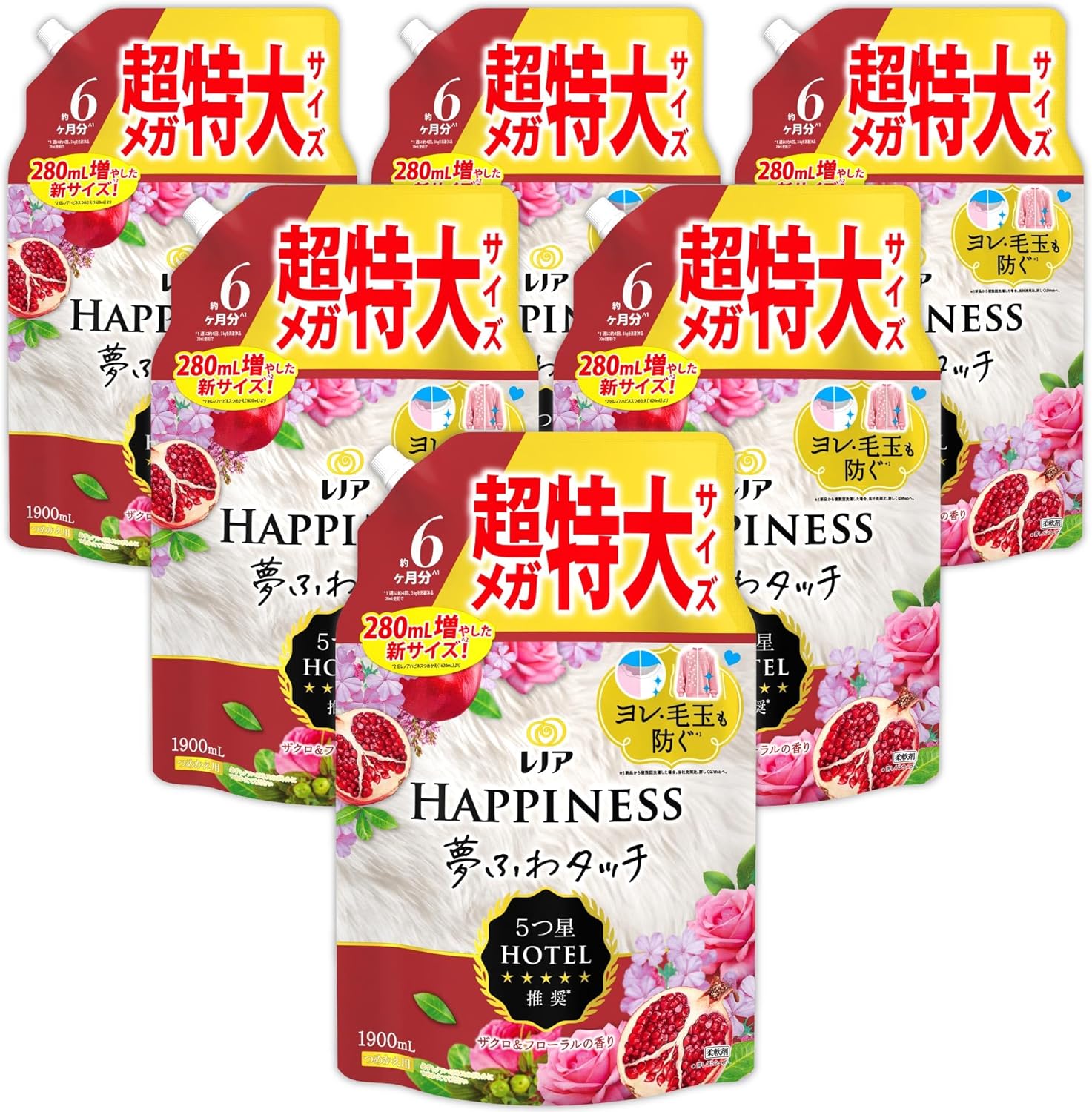 [ケース品]レノア ハピネス 夢ふわタッチ 柔軟剤 ザクロ＆フローラル 詰め替え 1,900mL×6袋 [大容量]