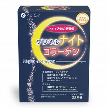 1本あたり13kcal、糖類0gなので夜でも安心! スティックタイプだから持ち運びも便利で食べやすい!パイナップル風味で美味しさにもこだわり、そのままでももちろん、お湯やホットミルク(約125ml )に溶かしても美味しくお召し上がりいただけます。【お召し上がり方】本品1日1本を目安にそのまま、またはお湯やホットミルクに溶かしてお召し上がりください。【取扱上の注意】※体質に合わないと思われる場合はお召し上がりの量を減らすか、止めてください。※開封後は涼しい所に保存し、なるべく早くお召し上がりください。※製造ロットにより色やにおいに違いが生じる場合がありますが、品質上、問題はありません。※妊娠・授乳中の方、治療中の方はお召し上がりの前に医師にご相談ください。※乳幼児の手の届かない所に保存してください。商品区分機能性表示食品届出番号：H260内容量100.8g(3.6g×28本)サイズ個装サイズ：16.1×10.9×5.9cm重量個装重量：150g仕様機能性表示食品届出番号:H260(機能性表示食品として消費者庁に届出し、受理されています)機能性関与成分:魚由来コラーゲンペプチド 2500 mg(1本 3.6g当たり)、GABA 20mg(1日2粒当たり)届出表示:本品にはGABA、魚由来コラーゲンペプチドが含まれます。賞味期間：製造日より750日生産国日本栄養成分【1本(3.6g)当たり】エネルギー:13kcalたんぱく質:2.97g脂質:0g炭水化物:0.37g糖類:0g食塩相当量:0.004gビタミンC:100mgビタミンB1:1.2mgビタミンB2:1.4mgビタミンB6:1.3mgビタミンB12:2.4μgパントテン酸:4.8mgナイアシン:13mg【規格成分1本(3.6g)当たり】魚由来コラーゲンペプチド:2500mgGABA(ギャバ):100mgグリシン:300mg原材料名称：コラーゲン含有加工食品フィッシュコラーゲンペプチド(ゼラチンを含む、フランス製造、国内製造)、γ-アミノ酪酸、澱粉分解物、ハトムギエキス末/グリシン、トレハロース、ビタミンC、クエン酸、ナイアシン、甘味料(アスパルテーム・L-フェニルアラニン化合物、スクラロース、ステビア)、パントテン酸カルシウム、香料、ビタミンB6、ビタミンB1、ビタミンB2、ビタミンB12アレルギー表示ゼラチン（原材料の一部に含んでいます）保存方法高温多湿や直射日光を避け、涼しいところに保存してください。開封後は涼しい所に保存し、なるべくお早めにお召し上がりください。製造（販売）者情報【製造(販売)者】株式会社ファイン大阪市東淀川区下新庄5丁目7番8号fk094igrjs
