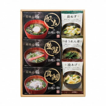 お湯を注ぐとふんわり姿を現すのは、大粒の帆立、大きな鯛の切身、肉厚のずわいがに。最新のフリーズドライ技術が可能にした極上のお吸い物です。サイズ個装サイズ：22×30×3cm重量個装重量：210g仕様賞味期間：製造日より360日セット内容フリーズドライ味噌汁(油あげ7.2g・ほうれん草6.2g・長ねぎ6.3g)・フリーズドライお吸い物(真鯛6.2g・帆立7.4g・楚蟹5.2g)各1袋生産国日本原材料名称：フリーズドライ味噌汁:即席みそ汁(乾燥タイプ)アレルギー表示小麦、かに、大豆（原材料の一部に含んでいます）保存方法常温保存製造（販売）者情報アピデ株式会社fk094igrjs