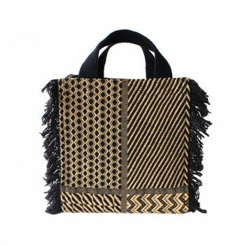 トートバッグ スクエアトート アフリカンモチーフ 厚手コットン コンパクト 24x12x25cm 内ポケット フリンジ 綿72% インド製 14220650135