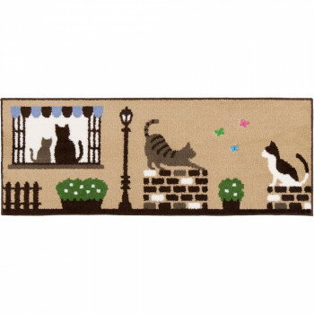 Rakuten - インテリアマット カキウチ キャットストリート 45×120cm ベージュ 猫 モチーフ 滑り止め 洗濯 耐久 TPR 素材 ポリエステル タフト 可愛い リビング 寝室 玄関