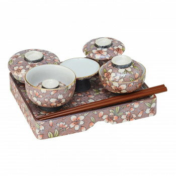 仏膳 有田焼 桜ろまん 43690000h9072 日本製 膳 椀 箸 セット 陶磁器 アテ材 お箸転がり止め 溝付き 17cm ブラウン お供え 法事 仏壇