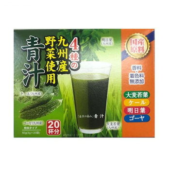 4種類の九州産の野菜(大麦若葉、ケール、明日葉、ゴーヤ)を配合した青汁です。飲みやすい配合にいたしましたので、大人から子供までいつでも気軽に飲める青汁です。【お召し上がり方】健康補助食品として1日1～2袋を目安に1袋を約80～100ml程度の水またはぬるま湯、牛乳等によく溶かしてお召し上がりください。お好みによりハチミツ等を加えていただいても、おいしくお召し上がりいただけます。※栄養成分の表示値は、目安です。商品区分健康食品内容量60g(3g×20袋)サイズ高さ135×幅105×奥行60mm個装サイズ：30×55×33cm重量115g個装重量：7000g仕様賞味期限:2年賞味期間：製造日より720日セット内容3g×20包×50個入生産国日本栄養成分【1袋(3g)当たり】エネルギー:9.33kcal、たんぱく質:0.37g、脂質:0.09g、炭水化物:2.33g、 -糖質:1.19g、 -食物繊維:1.13g、食塩相当量:0.004g、鉄:0.26mg、カルシウム:9.45mg、カリウム:53.1mg、マグネシウム:4.05mg、ビタミンE:0.07mg葉酸:7.8μg、β-カロテン:84.6μg、ビタミンK1:46.2μg原材料名称：大麦若葉加工食品大麦若葉末(九州産)、難消化性デキストリン、ケール末、明日葉末、ゴーヤ末/トレハロース、環状オリゴ糖保存方法直射日光を避け、常温で保存してください。製造（販売）者情報【販売者】株式会社新日配薬品佐賀県鳥栖市永吉町598-22【製造者】九州薬品工業(株)第2工場佐賀県鳥栖市永吉町598-22fk094igrjs