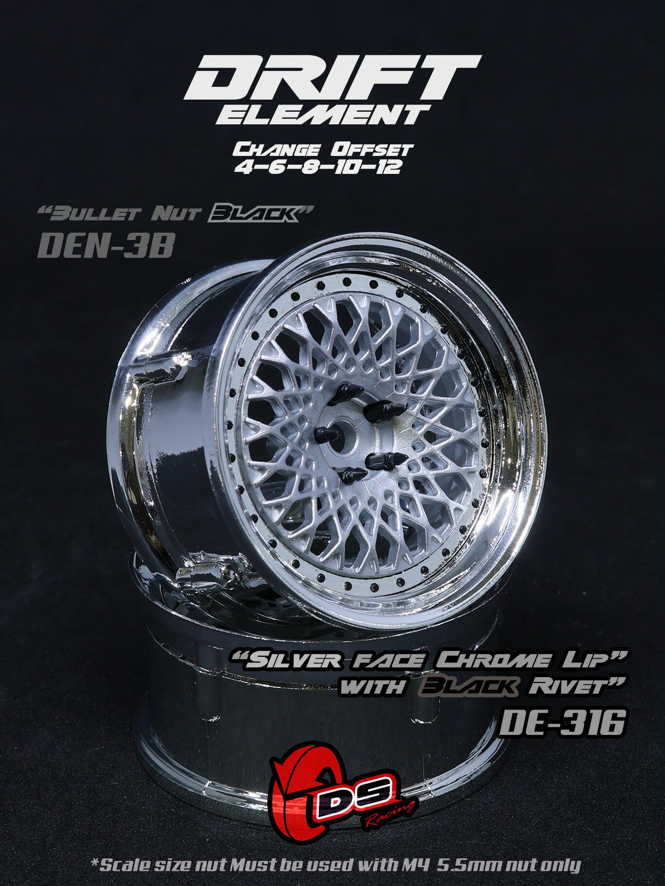 Rakuten - DRIFT ELEMENT SERIES RIM：Silver Mesh Chrome Lip Black Rivets ドリフト エレメントシリーズ リム メッシュ シルバースポーク クロームリップ ブラックリベット オフセット変更可能 1/10スケール 2個入り ドリフトラジコン パーツ