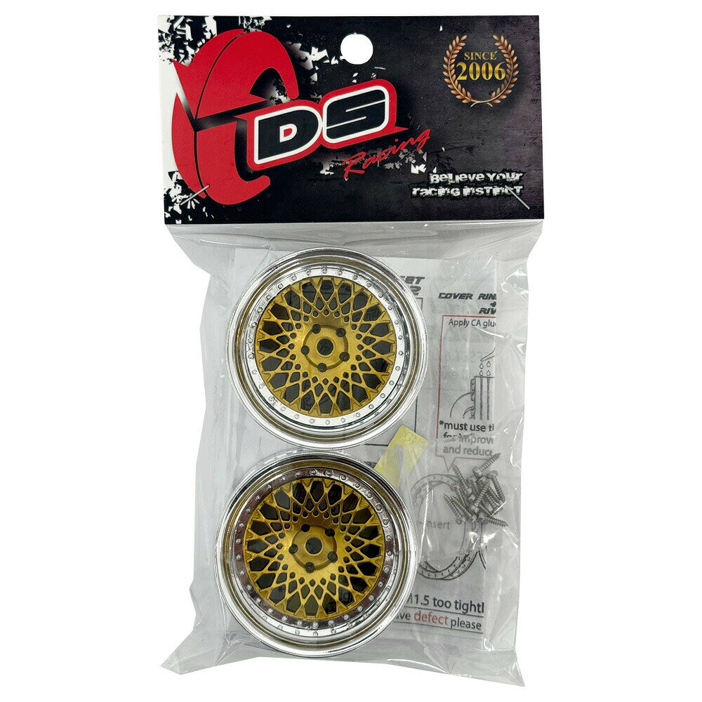 SBOXXのDRIFT ELEMENT SERIES RIM：Gold Mesh Chrome Lip Chrome Rivets ドリフト エレメントシリーズ リム メッシュ ゴールドスポーク クロームリップ クロームリベット オフセット変更可能 1/10スケール 2個入り ドリフトラジコン パーツ｜アングル2