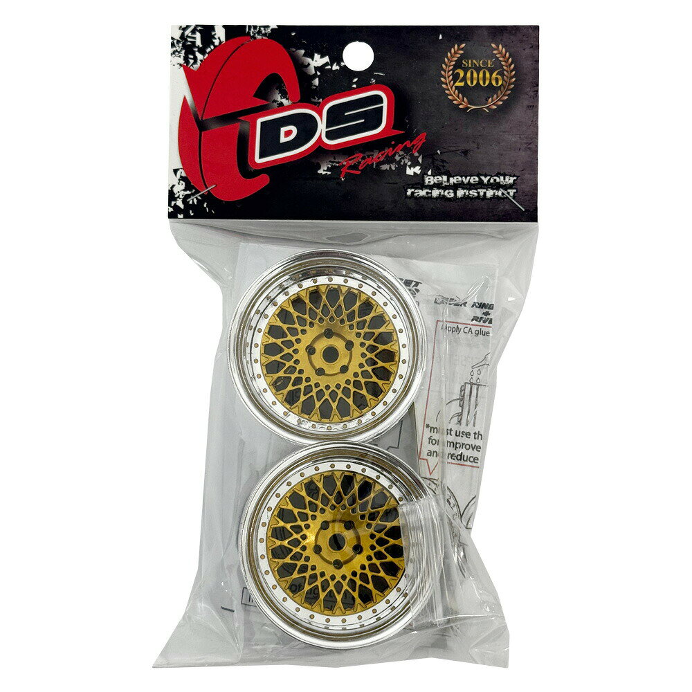 SBOXXのDRIFT ELEMENT SERIES RIM：Gold Mesh Chrome Lip Gold Rivets ドリフト エレメントシリーズ リム メッシュ ゴールドスポーク クロームリップ ゴールドリベット オフセット変更可能 1/10スケール 2個入り ドリフトラジコン パーツ｜アングル2