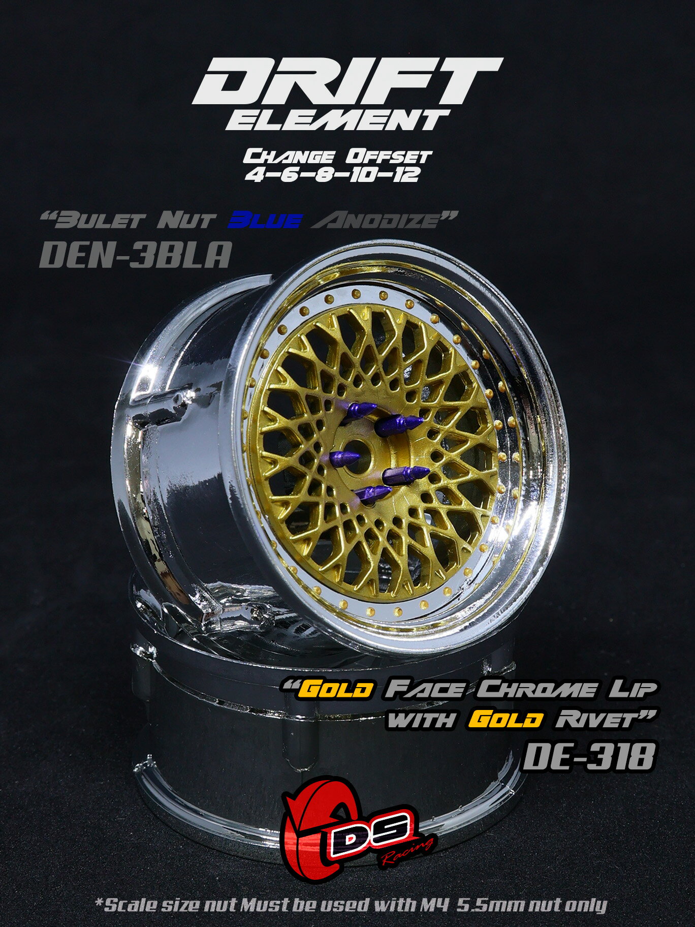 DRIFT ELEMENT SERIES RIM：Gold Mesh Chrome Lip Gold Rivets ドリフト エレメントシリーズ リム メッ..