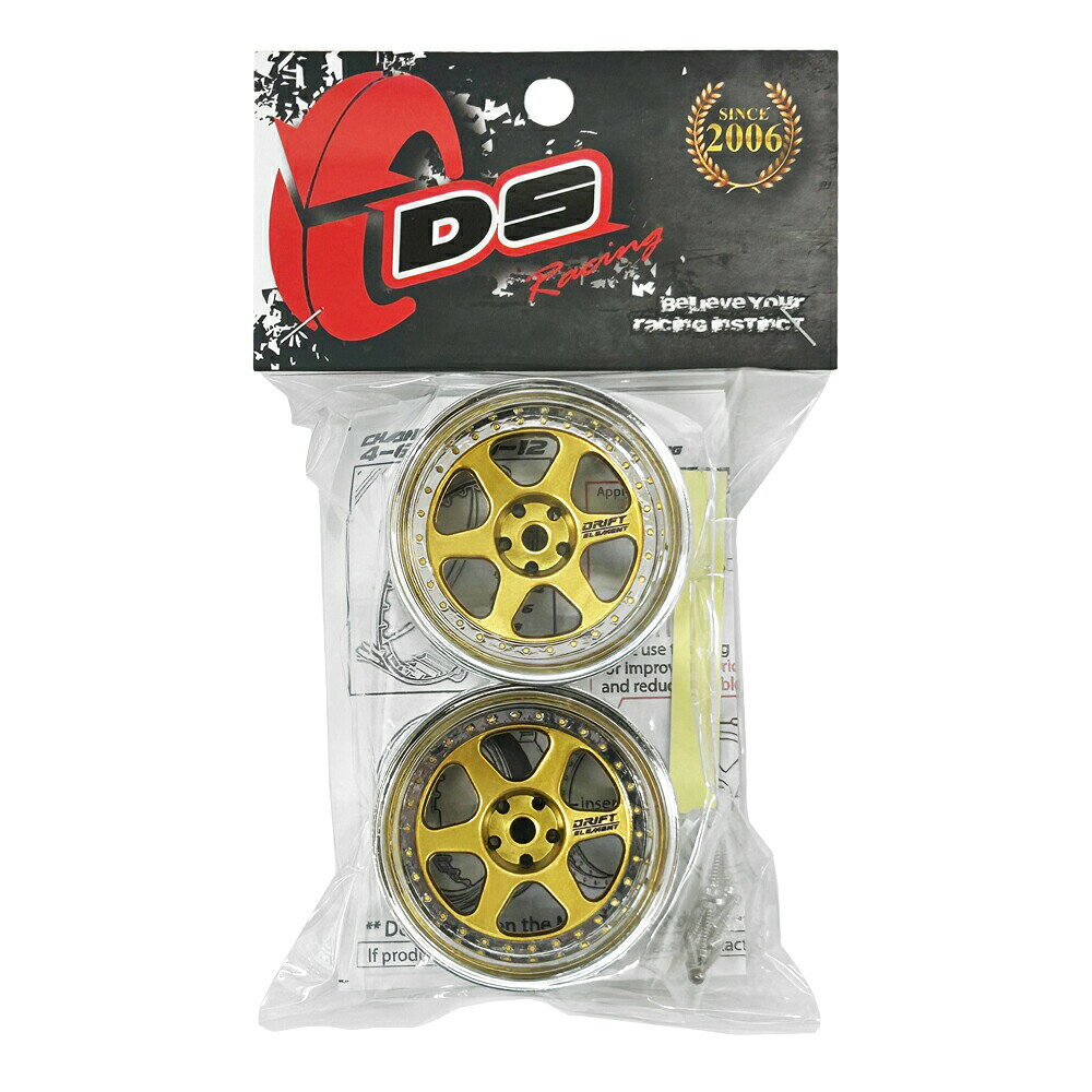 SBOXXのDRIFT ELEMENT SERIES RIM：Gold 6Spokes Chrome Lip Gold Rivets　 ドリフト エレメントシリーズ リム 6本スポーク ゴールドスポーク クロームリップ ゴールドリベット オフセット変更可能 1/10スケール 2個入り ドリフトラジコン パーツ｜アングル2