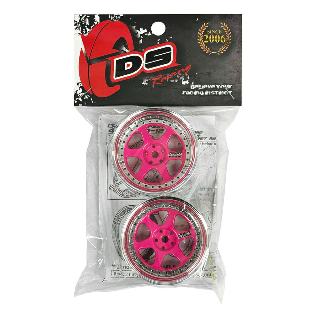 SBOXXのDRIFT ELEMENT SERIES RIM：Flu Pink 6Spokes Chrome Lip Black Rivets　 ドリフト エレメントシリーズ リム 6本スポーク フルオレセント ピンクスポーク クロームリップ ブラックリベット オフセット変更可能 1/10スケール 2個入り ドリフトラジコン パーツ｜アングル2