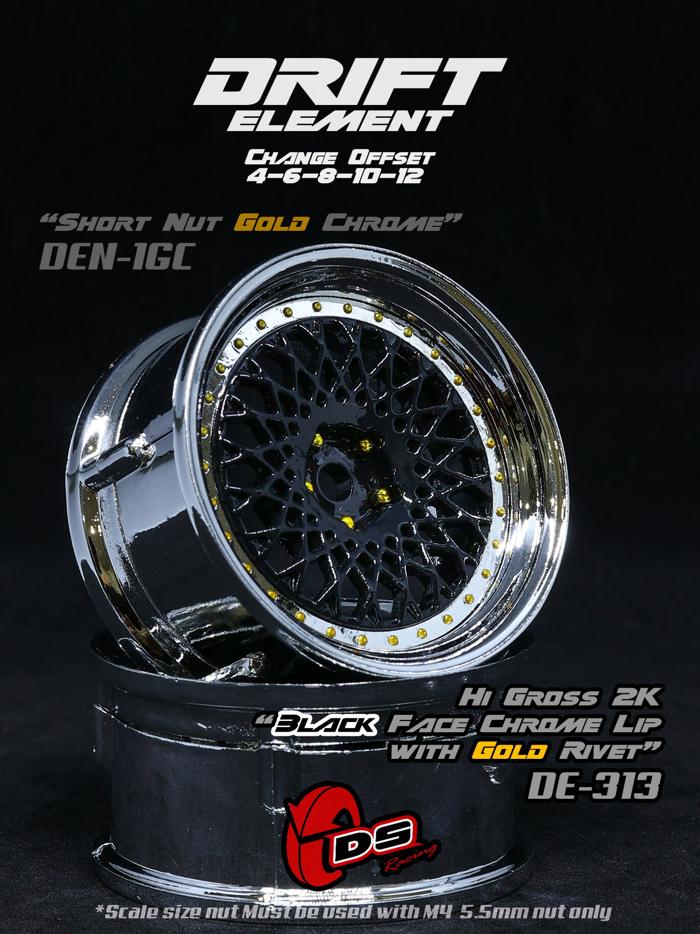 DRIFT ELEMENT SERIES RIM：Black Mesh Chrome Lip Gold Rivets　 ドリフト エレメントシリーズ リム ..
