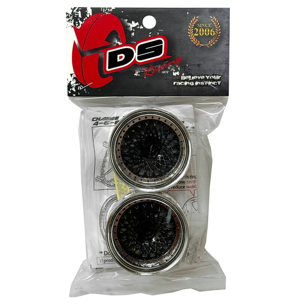 SBOXXのDRIFT ELEMENT SERIES RIM：Black Mesh Chrome Lip Black Rivets　 ドリフト エレメントシリーズ リム メッシュ ブラックスポーク クロームリップ ブラックリベット オフセット変更可能 1/10スケール 2個入り ドリフトラジコン パーツ｜アングル2