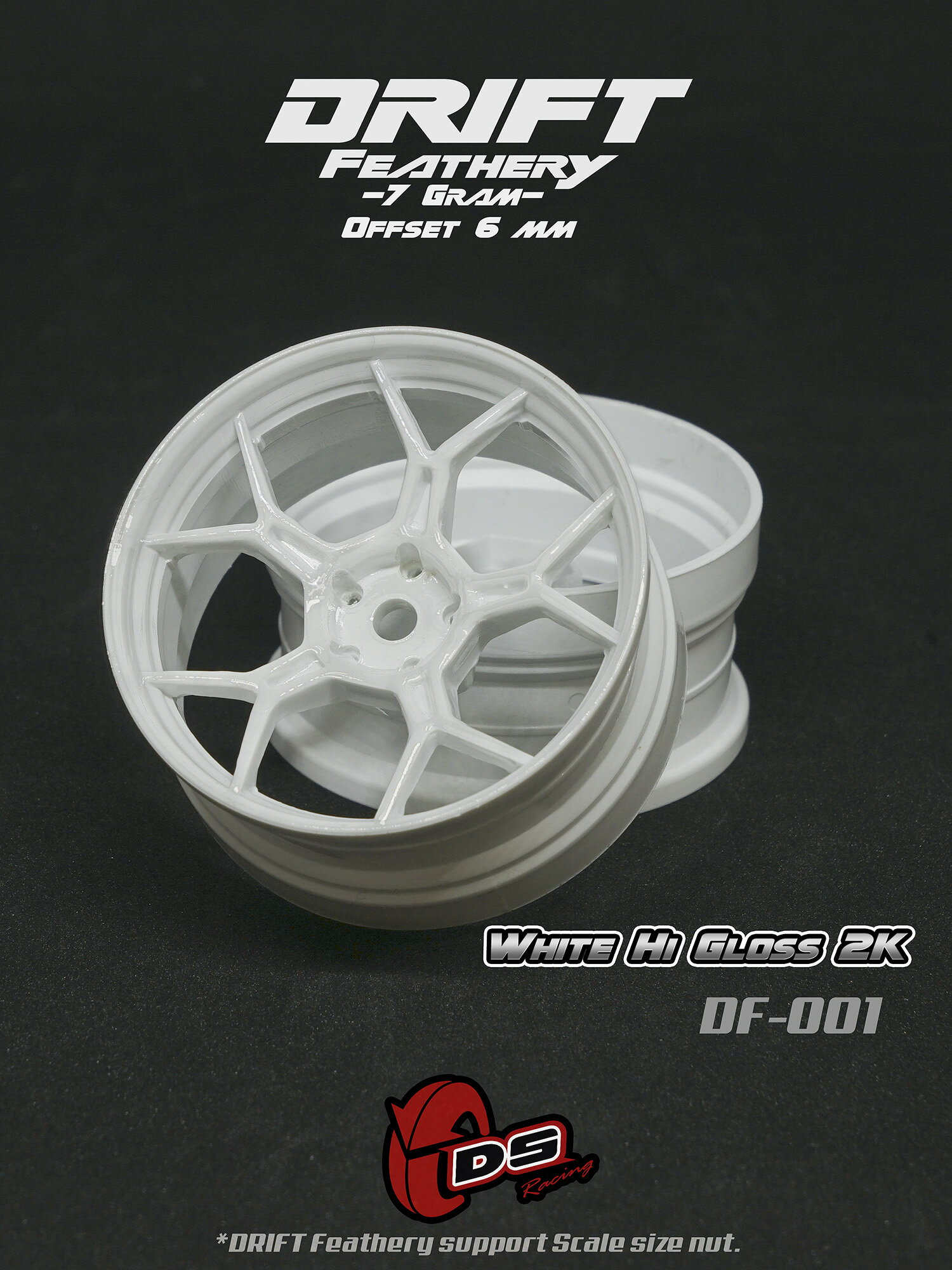 DRIFT FEATHERY RIM：5Y Spokes White Hi Gloss 2K Offset 6mm　 ドリフト フェザリー リム 5Yスポーク ホワイト ハイグロス 2K オフセット6mm 1/10スケール 2個入り ドリフトラジコン パーツ ラジドリ ドリラジ