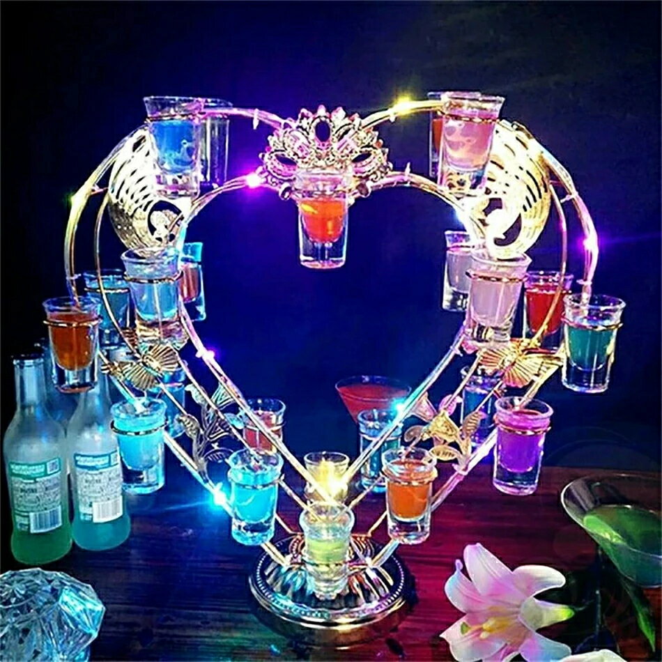 LED酒グラス棚 ハート型 テキーラ観覧車 酒カップホルダー 酒グラススタンド LEDランプデザイン 卓上自..