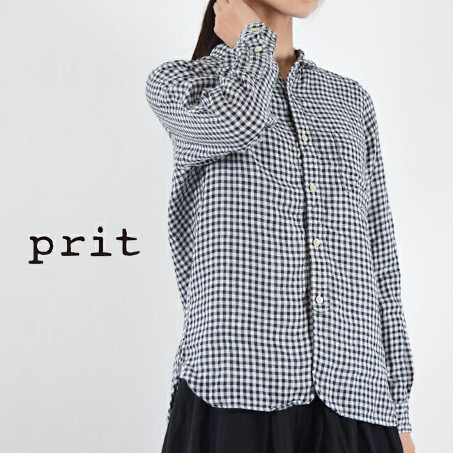 5/21(Tue)13:59まで　　prit(プリット)60/1フレンチリネンギンガムチェックレギュラーカラー シャツmade in japanp81418