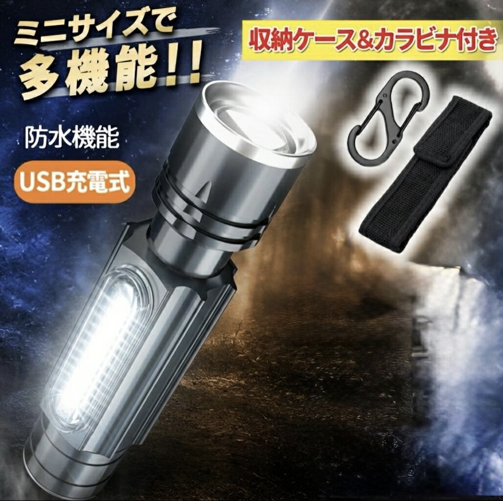 懐中電灯 LED 強力 充電式 ランタン 最強 爆光 機能付 ハンディライト USB ミニライト LEDライト 小型 軽量 明るい ケース付 カラビナ付 アウトドア キャンプ 防災 災害 停電 対策
