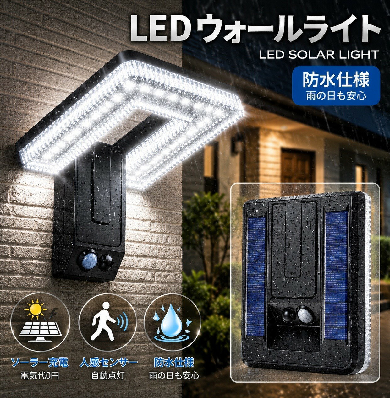 センサーライト 屋外 led ソーラーライト ウォールライト 人感 防水 可動式 2WAY 壁掛け 簡単貼り付け 充電式 ガーデンライト 明暗センサー 防犯対策 防犯灯 玄関灯 長時間 120°調整
