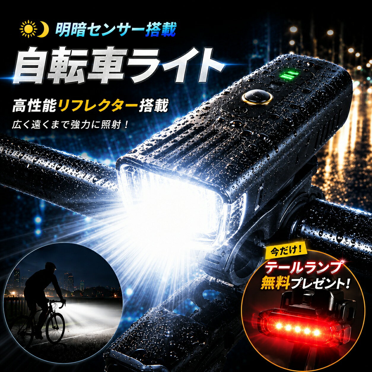 自転車ライト 充電式 led 自動点灯 テールランプ付 4モード 明暗センサー 防水 ヘッドライト テールライト セット 明るい 後付け 懐中電灯 盗難防止 前後セット 通勤 通学