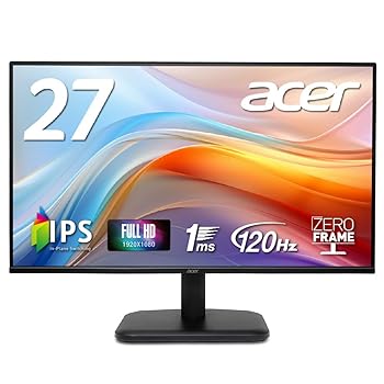 【中古】Acer モニター 27インチ フルHD 非光沢 120Hz 1ms(VRB) sRGB 99% AdaptiveSync HDMI 1.4 ミニD-Sub 15ピン スピーカー・ヘッドフォン端子非搭載