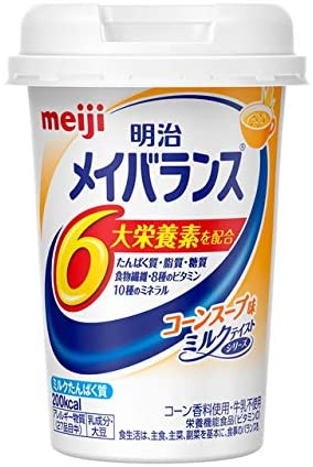 【商品説明】 「明治 メイバランス ミニカップ コーンスープ味 125ml」は、 亜鉛、銅の栄養機能食品です。1本125mlの少量で200kcalの エネルギーと、たんぱく質、食物繊維、ビタミン、ミネラル などの栄養素が一度に摂れます。栄養機能食品。 【栄養機能】 ●亜鉛は、味覚を正常に保つのに必要であるとともに、 　たんぱく質・核酸の代謝に関与して健康維持に役立つ 　栄養素です。 ●亜鉛は、皮膚や粘膜の健康維持を助ける栄養素です。 ●銅は、赤血球の形成を助けるとともに、多くの体内酵素の 　正常な働きと骨の形成を助ける栄養素です。 ●1日当たりの摂取目安量(375ml)に含まれる各成分の 　栄養素等表示基準値に占める割合：亜鉛 86%、銅 50% 【原材料に含まれるアレルギー物質】 (27品目中) 乳、大豆 【お召し上がり方】 1日あたり375ml(3本)を目安に摂取してください。 【ご注意】 ●本品は、多量摂取により疾病が治癒したり、より健康が 　増進するものではありません。1日の摂取目安量を守って 　ください。 ●1日の摂取目安量を守ってください。 ●乳幼児・小児は本品の摂取を避けてください。 ●亜鉛の摂りすぎは、銅の吸収を阻害するおそれがあります 　ので、過剰摂取にならないよう注意してください。 ●本品は、特定保健用食品と異なり、消費者庁長官による 　個別審査を受けたものではありません。 ●食生活は、主食、主菜、副菜を基本に、食事のバランスを。 ●内容液に凝固・分離・悪臭・味の異常等がある場合は 　使用しないでください。 ●開封後はすぐにお飲みください。 ●製品を横に倒さないでください。 ●長時間の加温や繰り返しの加温はしないでください。 ●電子レンジで加熱する際は別容器に移してください。 【保存方法】 常温で保存できますが、直射日光を避け、凍結する恐れのない 冷所に保存してください。 【原材料名・栄養成分等】 ●名称：栄養調整食品 ●原材料名：デキストリン、乳たんぱく質、食用油脂(なたね油、 パーム分別油)、難消化性デキストリン、ショ糖、食塩、食用酵母、 カゼインNa、乳化剤、香料、リン酸K、クエン酸K、塩化K、クエン酸Na、 炭酸Mg、調味料(アミノ酸等)、ビタミン(V.C、V.E、ナイアシン、 パントテン酸Ca、V.B6、V.B1、V.B2、V.A、葉酸、V.B12、V.D)、 pH調整剤、グルコン酸亜鉛、硫酸鉄、クチナシ色素、グルコン酸銅、 (原材料の一部に大豆を含む) ●栄養成分1本125mlあたり：エネルギー200kcal、たんぱく質7.5g、 脂質5.6g、糖質29.3g、食物繊維2.5g、ナトリウム180mg、 カルシウム120mg、亜鉛2.0mg、銅0.10mg 【発売元】 　明治　meiji ★パッケージ・商品内容等は、予告なく変更する場合も 　ございます。予めご了承ください。 ★当店では複数の店舗で在庫を共有しております。 　在庫切れの場合もございますので予めご了承ください。 (福祉 介護 介護食 流動食 栄養食 栄養食品 栄養調整食品) 広告文責：SCB 080-3636-5650 原産国：日本 区分：介護食品