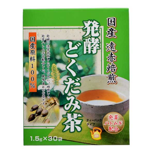 ★パッケージ・商品内容等は、予告なく変更する場合も 　ございます。予めご了承ください。 ★当店では複数の店舗で在庫を共有しております。 　在庫切れの場合もございますので予めご了承ください。 【商品説明】 発酵・遠赤焙煎したどくだみに、 発芽させたハトムギを焙煎してブレンドしたどくだみ茶です。 まろやかな香りのどくだみと、 香り良く焙煎したハトムギの風味豊かな味わいをお楽しみいただけます。 【原材料名】 どくだみ(国産)、はと麦(国産) 【栄養成分表示】 100mlあたり エネルギー 0kcal、たんぱく質 0g、脂質 0g、 炭水化物 0.1g、ナトリウム 1mg ※栄養成分について：ティーバッグ1袋を500mlの沸騰水で5分間煮出した場合 【お召し上がり方】 ●煮出す場合 沸騰したお湯(約500-800ml)に本品1袋を入れトロ火で5-10分程煮出しますと、 濃い目のお茶がお楽しみいただけます。 ●急須場合 1. 急須に1袋を入れて召し上がる量の熱湯を注いでください。 2. 2-3分蒸らして、お好みの色・香りになりましたら湯呑みに注ぎ、 できるだけ湯を残さずに全部注ぎ切ってください。 ※冬はホットで夏は冷蔵庫で冷やして召し上がれます。 【注意事項】 ●煮出したものを保存する場合は、必ず冷蔵庫に保存してください。 ●開封後保存する場合は、密閉状態で保存してください。 ●ティーバッグのふちの斑点は、発酵どくだみ茶の一部がかみ込んだものですので、 安心してご使用ください。 ●体に合わない時は、ご使用をおやめください。 【保存方法】 高温多湿、直射日光を避けて冷暗所に保存してください。 【発売元】 ユニマットリケン (ドクダミ茶 どくだみ茶 どくだみちゃ どくだみ ハト麦 ハトムギ はと麦 はとむぎ） (健康 健康茶 ドリンク お茶 おちゃ) 広告文責：SCB 050-3302-2709 原産国：日本 区分：健康食品　