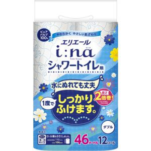 【2倍巻き】 エリエール i:na(イーナ) トイレットティシュー シャワー用 2倍巻 ダブル (46m 12ロール) トイレットペーパー