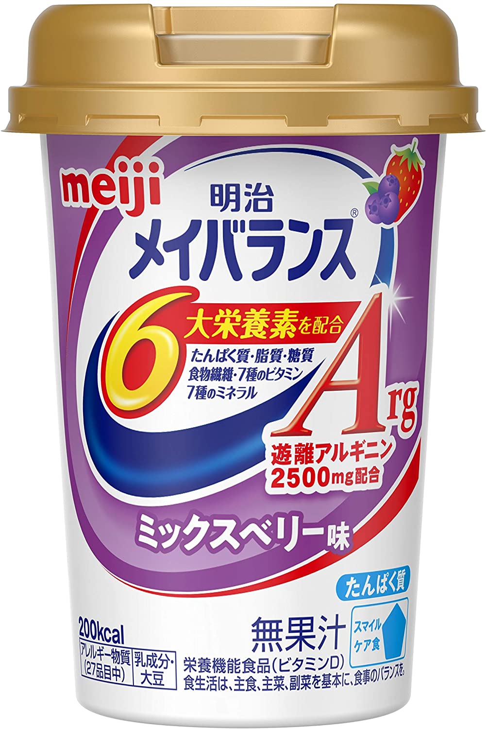 【商品説明】 「明治 メイバランス Argミニカップ ミックスベリー味 125ml」は、 亜鉛、銅の栄養機能食品です。1本125mlの少量で200kcalの エネルギーと、たんぱく質、食物繊維、ビタミン、ミネラルなどの 栄養素が一度に摂れます。さらに、遊離アルギニン2500mg配合、 シニアの生活をサポートします。栄養機能食品。 【栄養機能】 ●亜鉛は、味覚を正常に保つのに必要であるとともに、 　たんぱく質・核酸の代謝に関与して健康維持に役立つ栄養素です。 ●亜鉛は、皮膚や粘膜の健康維持を助ける栄養素です。 ●銅は、赤血球の形成を助けるとともに、多くの体内酵素の 　正常な働きと骨の形成を助ける栄養素です。 ●1日当たりの摂取目安量(375ml)に含まれる各成分の 　栄養素等表示基準値に占める割合：亜鉛 129%、銅 75% 【原材料に含まれるアレルギー物質】 (27品目中) 乳、大豆 【お召し上がり方】 1日あたり375ml(3本)を目安に摂取してください。 【ご注意】 ●本品は、多量摂取により疾病が治癒したり、より健康が 　増進するものではありません。1日の摂取目安量を守って 　ください。 ●1日の摂取目安量を守ってください。 ●乳幼児・小児は本品の摂取を避けてください。 ●亜鉛の摂りすぎは、銅の吸収を阻害するおそれがあります 　ので、過剰摂取にならないよう注意してください。 ●本品は、特定保健用食品と異なり、消費者庁長官による 　個別審査を受けたものではありません。 ●食生活は、主食、主菜、副菜を基本に、食事のバランスを。 ●内容液に凝固・分離・悪臭・味の異常等がある場合は 　使用しないでください。 ●開封後はすぐにお飲みください。 ●製品を横に倒さないでください。 ●長時間の加温や繰り返しの加温はしないでください。 ●電子レンジで加熱する際は別容器に移してください。 【保存方法】 常温で保存できますが、直射日光を避け、凍結する恐れのない 冷所に保存してください。 【原材料名・栄養成分等】 ●名称：栄養調整食品 ●原材料名：デキストリン、食用油脂(なたね油、パーム分別油)、 ショ糖、難消化性デキストリン、ストロベリー果汁、食塩、食用酵母、 カゼインNa、アルギニン、リン酸Ca、pH調整剤、香料、乳化剤、 ビタミン(V.C、V.E、ナイアシン、パントテン酸Ca、V.B6、V.B1、V.B2、 V.A、葉酸、V.B12、V.D)、塩化K、炭酸Mg、クエン酸Na、グルコン酸亜鉛、 硫酸鉄、酸味料、甘味料(スクラロース、ステビア)、グルコン酸銅、 (原材料の一部に乳成分・大豆を含む) ●栄養成分1本125mlあたり：エネルギー200kcal、たんぱく質10.0g、 脂質7.5g、糖質22.5g、食物繊維2.5g、ナトリウム135mg、 カルシウム120mg、亜鉛3.0mg、銅0.15mg、遊離アルギニン2500mg 【発売元】 　明治　meiji ★パッケージ・商品内容等は、予告なく変更する場合も 　ございます。予めご了承ください。 ★当店では複数の店舗で在庫を共有しております。 　在庫切れの場合もございますので予めご了承ください。 (福祉 介護 介護食 流動食 栄養食 栄養食品 栄養調整食品) 広告文責：SCB 050-3302-2709 原産国：日本 区分：介護食品