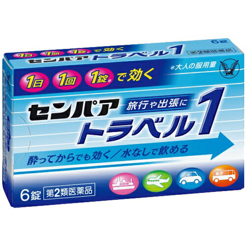 リスク区分：第2類医薬品 使用期限：使用期限まで120日以上の商品を販売します。 ★パッケージ・商品内容等は、予告なく変更する場合もあります。 　ご了承下さい。 ★複数の店舗で在庫を共有しておりますので、 　在庫切れの場合もございます。予めご了承ください。 【商品の特長】 ・センパア トラベル1は、乗物酔いによるめまい・吐き気・ 　頭痛の症状を予防・緩和します。 ・1日1回1錠で効きますので、乗り物酔いが気になる方にも 　お出かけ前の服用で1日中安心感を与えられます。 ・水なしで服用できるチュアブルタイプで、酔ってからでも 　効きますので急な乗り物酔いにも便利です。 ・さわやかなグレープフルーツ風味です。 【効能 効果】 乗物酔いによるめまい・吐き気・頭痛の予防及び緩和 【用法 用量】 ・次の量を1日1回、かむか、口中で溶かして服用してください。 　乗物酔いの予防には乗車船の30分前に服用してください。 (年令・・・1回量) 15才以上・・・1錠 7〜14才・・・1／2錠 7才未満・・・服用しないこと ■注意 ・定められた用法・用量を厳守してください。 ・小児に服用させる場合には、保護者の指導監督のもとに 　服用させてください。 【成分】 (1錠中) クロルフェニラミンマレイン酸塩・・・4mg スコポラミン臭化水素酸塩水和物・・・0.25mg 添加物：還元麦芽糖水アメ、トウモロコシデンプン、 ヒドロキシプロピルセルロース、無水ケイ酸、 アスパルテーム(L-フェニルアラニン化合物)、 ステアリン酸Mg、香料、オクテニルコハク酸デンプンNa 【注意事項】 ■使用上の注意 してはいけないこと (守らないと現在の症状が悪化したり、副作用・事故が 起こりやすくなります。) ・本剤を服用している間は、次のいずれの医薬品も 　使用しないでください 他の乗物酔い薬、かぜ薬、解熱鎮痛薬、鎮静薬、鎮咳去痰薬、 胃腸鎮痛鎮痙薬、抗ヒスタミン剤を含有する内服薬等 (鼻炎用内服薬、アレルギー用薬等) ・服用後、乗物又は機械類の運転操作をしないでください 　(眠気や目のかすみ、異常なまぶしさ等の症状が 　あらわれることがあります) ■相談すること ・次の人は服用前に医師、薬剤師又は登録販売者に 　相談してください (1)医師の治療を受けている人。 (2)妊婦又は妊娠していると思われる人。 (3)高齢者。 (4)薬などによりアレルギー症状を起こしたことがある人。 (5)次の症状のある人。／排尿困難 (6)次の診断を受けた人。／緑内障、心臓病 ・服用後、次の症状があらわれた場合は副作用の可能性があるので、 　直ちに服用を中止し、製品の説明書を持って医師、薬剤師又は 　登録販売者に相談してください 皮膚・・・発疹・発赤、かゆみ 精神神経系・・・頭痛 泌尿器・・・排尿困難 その他・・・顔のほてり、異常なまぶしさ ※まれに下記の重篤な症状が起こることがあります。 　その場合は直ちに医師の診療を受けてください。 再生不良性貧血・・・青あざ、鼻血、歯ぐきの出血、発熱、 皮膚や粘膜が青白くみえる、疲労感、動悸、息切れ、気分が 悪くなりくらっとする、血尿等があらわれる。 無顆粒球症・・・突然の高熱、さむけ、のどの痛み等があらわれる。 ・服用後、口のかわき、便秘、眠気、目のかすみの症状があらわれる 　ことがあるので、このような症状の持続又は増強が見られた 　場合には、服用を中止し、製品の説明書を持って医師、 　薬剤師又は登録販売者に相談してください ■保管及び取扱い上の注意 ・直射日光の当たらない湿気の少ない涼しい所に保管してください。 ・小児の手の届かない所に保管してください。 ・他の容器に入れ替えないでください。(誤用の原因になったり 　品質が変わることがあります) ・使用期限を過ぎた製品は服用しないでください。 【ブランド】 センパア 【発売元】 大正製薬 (車酔い 船酔い 乗り物酔い) (パンシロントラベル センパア トラベルミンR 類) 広告文責：SCB 050-3302-2709 原産国：日本 区分：第2類医薬品