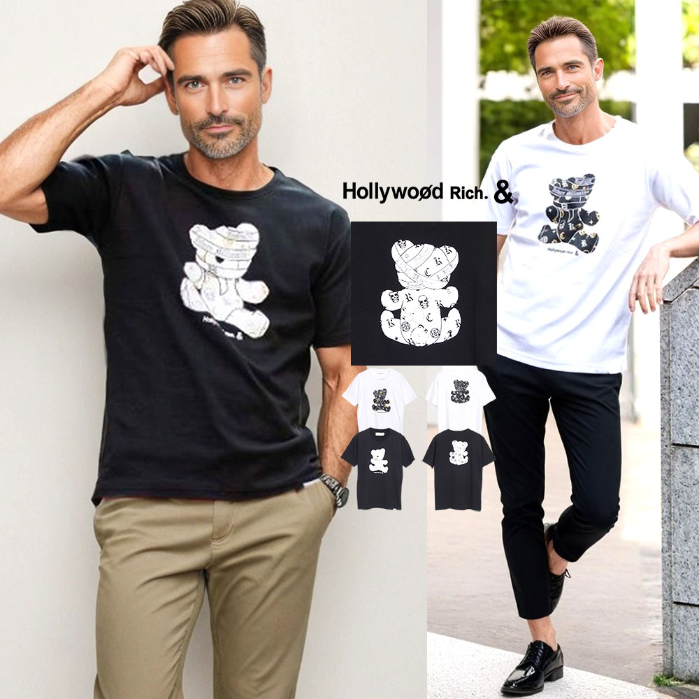 Rakuten - 40代 50代 Tシャツ メンズ 半袖 イケオジ ちょいワル おしゃれ ファッション ブランド 半袖Tシャツ パンクベア クマ 熊 トップス カットソー 綿100% 白T 白Tシャツ M L クルーネック Hollywood rich.& 中年男性 春 夏