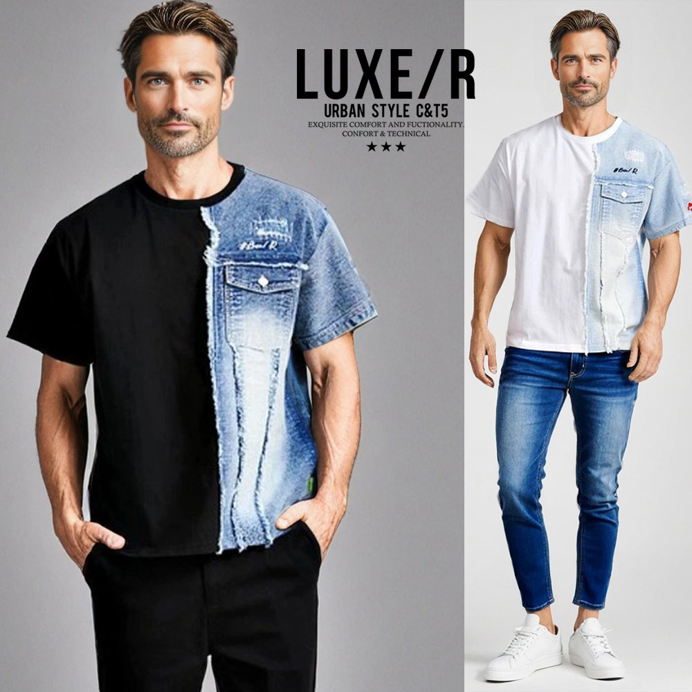 Rakuten - イケオジ 50代 メンズ Tシャツ 半袖 ブランド LUXE/R ラグジュ クルーネック デニム ポケット 半袖Tシャツ ダンディ 雑誌 おじさん 40代 ファッション トップス カットソー 切り替えデザイン 大人 黒 白 中年男性 服 春 夏 春夏