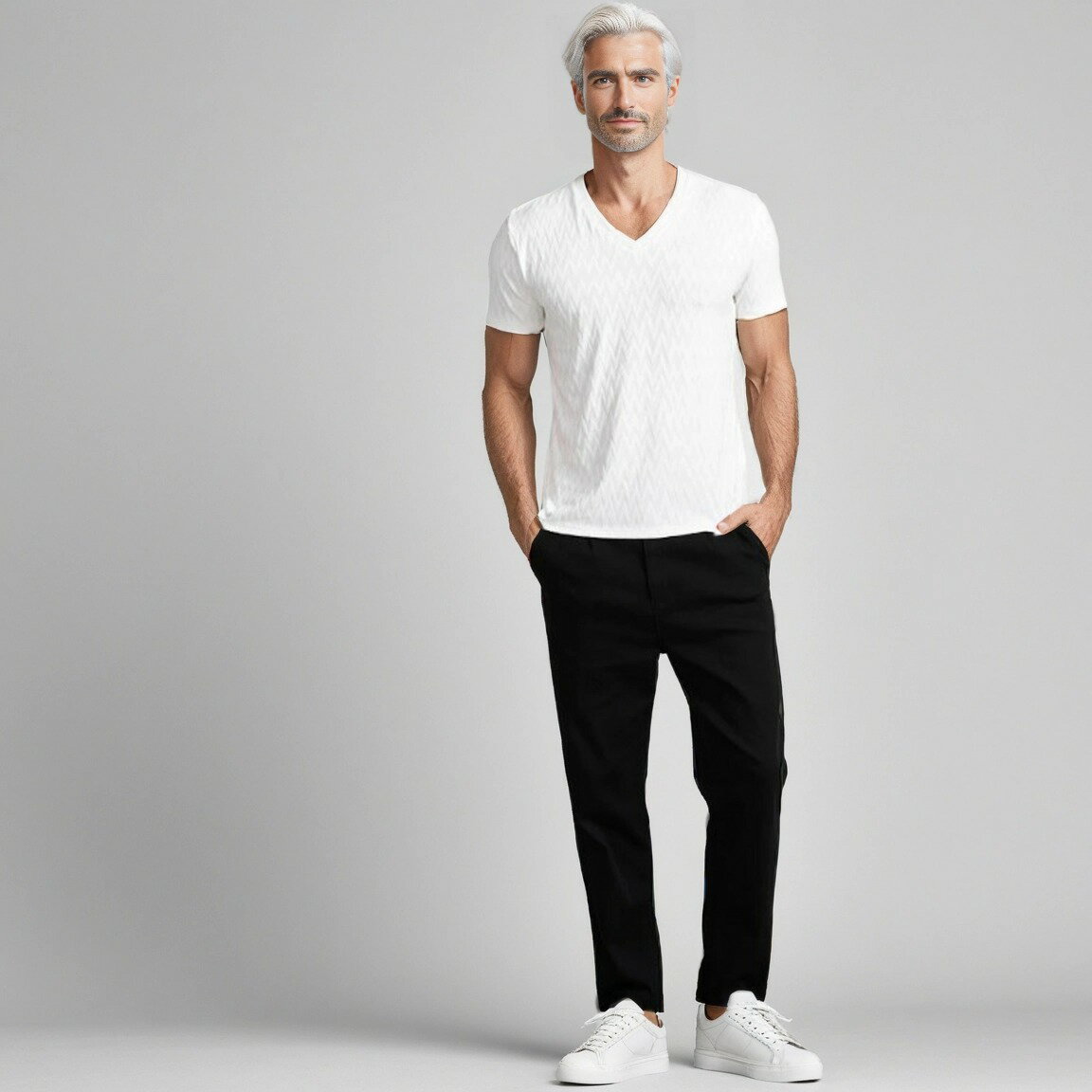 イケオジ 50代 メンズ Tシャツ 半袖 ブランド トップス カットソー インナー Vネック パイル シェブロン柄 無地 ダンディ 雑誌 おじさん 40代 ファッション 細身 スリム タイト ストレッチ 伸縮性 白 黒 服 春 夏