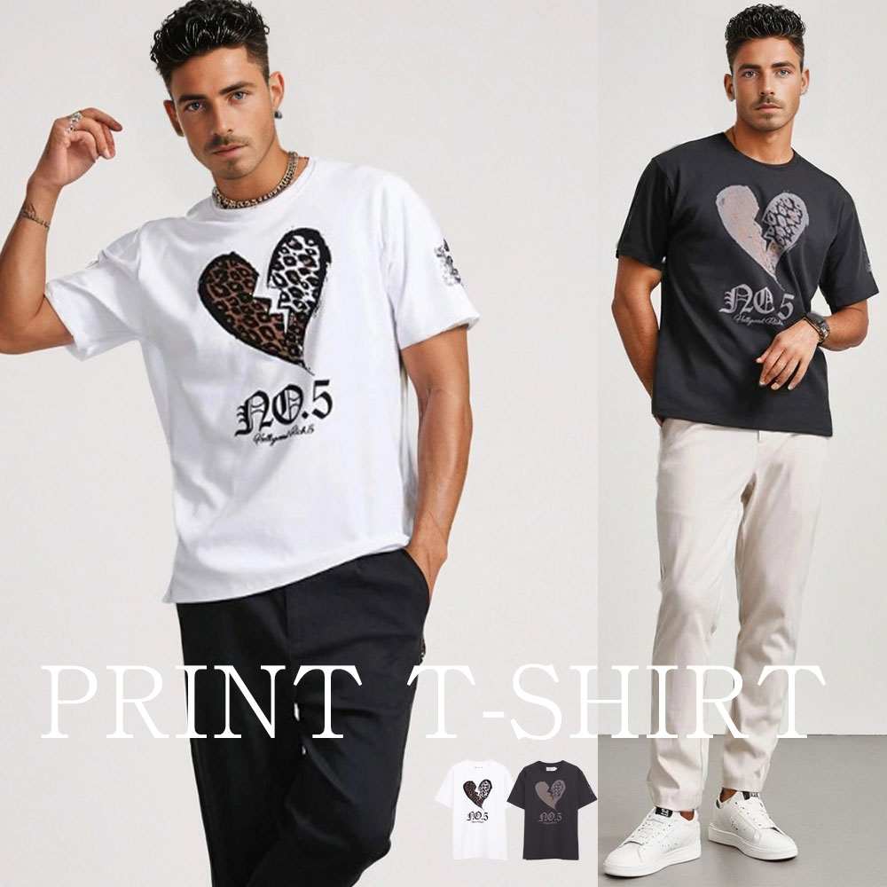 乐天商城 - 40代 イケオジ メンズ ちょいワル Tシャツ 半袖 ブランド 半袖Tシャツ トップス インナー ロゴ プリント 刺繍 ハート ヒョウ柄 カットソー 白T Hollywood rich.& ハリウッドリッチドットアンド 中年男性 おしゃれ ファッション 60代 50代 旦那 夫 服 春 夏