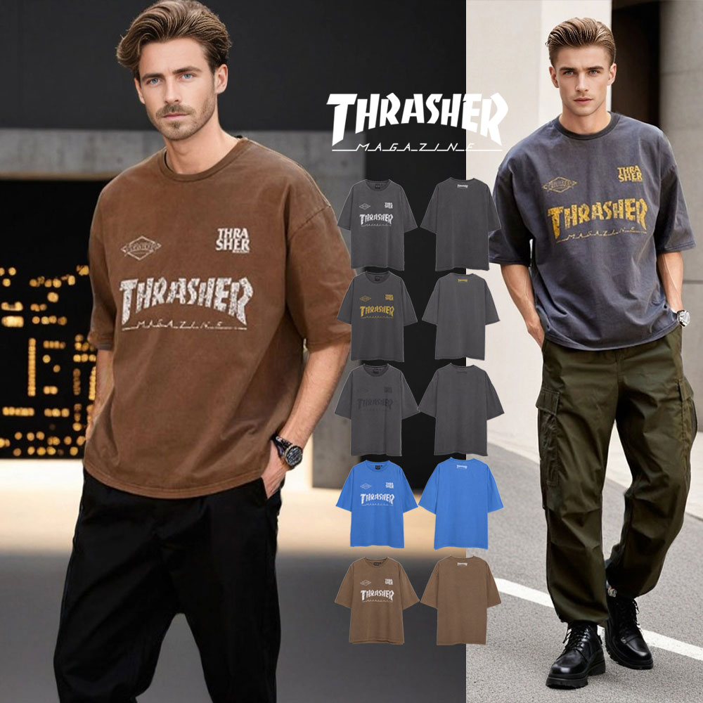Rakuten - THRASHER スラッシャー Tシャツ イケオジ ちょいワル おしゃれ 40代 50代 メンズ ファッション ブランド 半袖 半袖Tシャツ ゆったり プリント ピグメント加工 ピグメント ヴィンテージ 古着 ブルー ブラウン 中年男性 服 春 夏