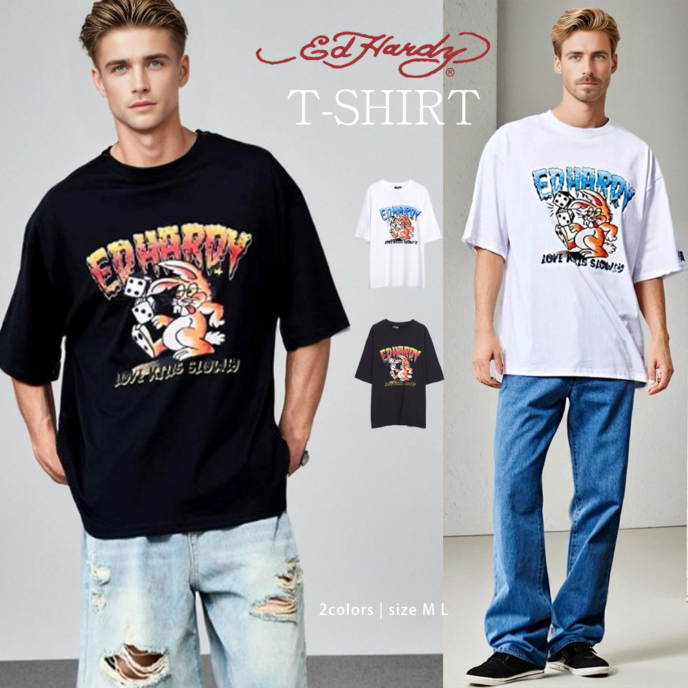 イケオジ ちょいワル 大人男性 40代 おしゃれ 50代 メンズ ファッション Tシャツ 半袖 ブランド 半袖Tシャツ ED HARDY エドハーディー クルーネック ラビット ウサギ うさぎ サイコロ ダイス トップス カットソー ヴィンテージ ロックT バンT 白T 男性 服 春 夏