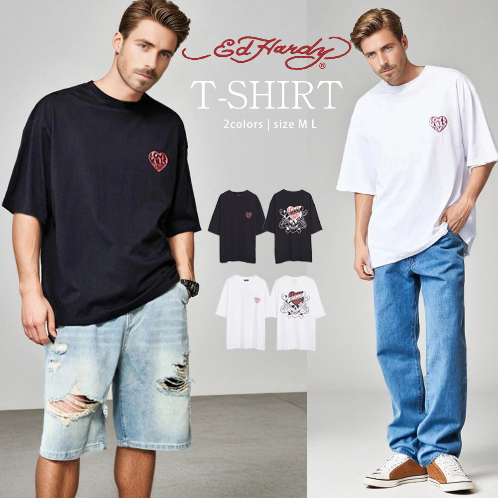 STREET - イケオジ ちょいワル 大人男性 40代 おしゃれ 50代 メンズ ファッション Tシャツ ブランド 半袖 半袖Tシャツ ED HARDY エドハーディー 大きいサイズ インナー クルーネック ヴィンテージ グラフィック プリント スカル ドクロ ハート 中年男性 服 夏 春夏
